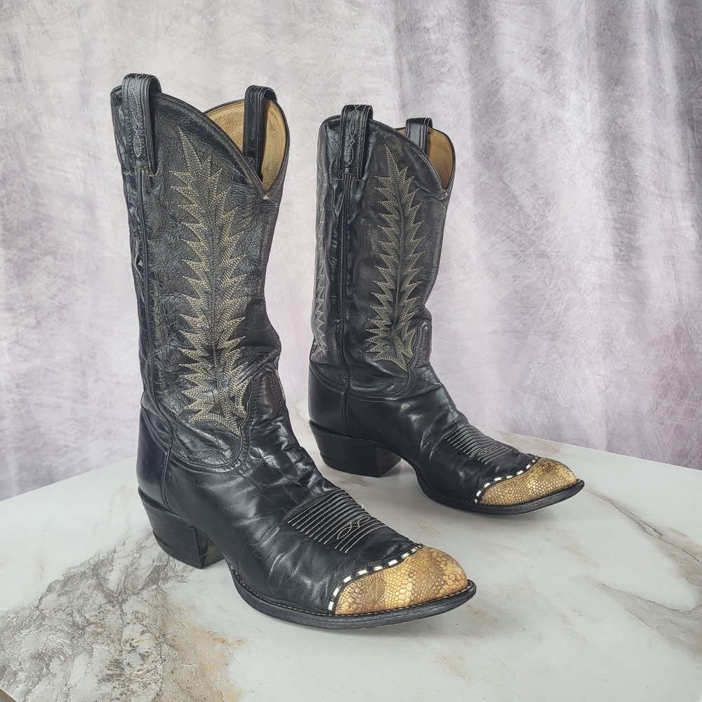 Vintage Tony Lama Size 10.5 D Lizard Wingtip Classic Western Cowboy Boots Black
